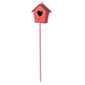 Red metal birdhouse garden stake with white polka dots and yellow heart opening for potted plants. - Holiday House Theme