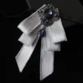 Men vintage silver velvet bow tie with dark blue crystal rhinestone pendant for wedding suit. - Silver Gray