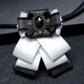 Black and white layered ribbon bow tie with vintage gemstone brooch for men formal suit. - Silver Gray