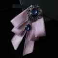 Men vintage style pink velvet bow tie with dark blue crystal gemstone brooch decoration - Pink Purple