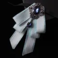 Men's vintage light blue layered ribbon bow tie with dark blue crystal brooch pendant. - Light Blue