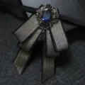 Vintage men's suit bow tie with dark blue crystal gemstone and metallic ribbon for wedding party. - Black