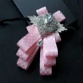 Elegant pink rhinestone ribbon bow tie for men suit wedding party prom tuxedo brooch accessory. - Pink Plaid