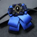 Men's formal double ribbon bow tie in royal blue with vintage bronze gemstone brooch center. - Royal Blue