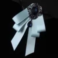 Men light blue satin ribbon bow tie with vintage dark blue rhinestone brooch collar pin - Light Blue