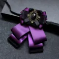 Double layer satin ribbon men suit bow tie with vintage black gem for wedding formal wear. - Deep Purple