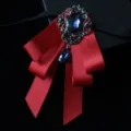 Red ribbon bow tie with blue gem crystal pendant, vintage style men suit dress accessory. - Red