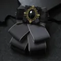 Men's gothic vintage double layer ribbon bow tie formal suit brooch with black gem crystal - Apricot Trim Gray