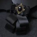 Black ribbon bow tie for men suit, vintage crystal brooch collar bow for wedding party. - Black With Gold Wire