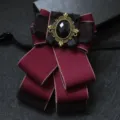 Men's formal burgundy ribbon bow tie with vintage black gem ornament for wedding suit and groom - Apricot Trim Red