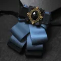 Men's double layer ribbon bow tie blue black formal suit collar flower wedding accessory - Gold Metallic Navy Blue