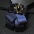 Korean style double-layer ribbon men's bow tie formal suit vintage brooch wedding accessory. - Navy