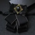 Black ribbon double layer bow tie with vintage rhinestone brooch for men formal suits. - Apricot Border Black