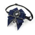 Dark blue ribbon bow tie detail featuring vintage silver filigree and grey crystal pendant. - Apricot Trim Blue