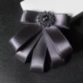 Men's dark grey satin ribbon bow tie brooch with sparkling rhinestone center for formal suits. - Dark Coffee