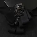 Elegant black multi-layered ribbon bow tie brooch with sparkling crystals for men suits. - Black