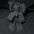 Mens black ribbon bow tie gothic crystal rhinestone brooch formal wedding party neckwear - Gray