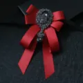 Elegant red ribbon bow tie with sparkling rhinestone brooch for men stage performance. - Red