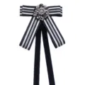 Elegant navy blue bow tie with silver stripes and rhinestone brooch for women uniform. - Monogram Black