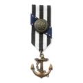 Vintage naval style brooch featuring black white striped ribbon and bronze anchor pendant. - 05
