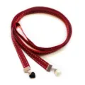 Red fabric ribbon tie with white stitches, black heart and white pearl charms for women. - Red White Stitching