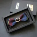 Mens rhinestone bow tie jacquard ribbon crystal center elegant formal suit accessory gift box - Diagonal Yellow Stripe