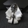 Men multi-layer ribbon bow brooch pin, silver fabric bow with black rhinestone crystal pendant. - Silver Gray
