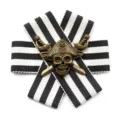Pirate skull brooch badge with black and white striped ribbon vintage costume metal pin - 08