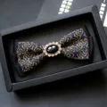 Men's jacquard bow tie with crystal rhinestone center, vintage blue gold formal neck accessory. - Snowflake Yellow
