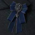 Men dark blue ribbon bow tie with sparkling crystal rhinestones handmade formal neckwear accessory - Dark Blue