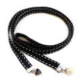 Black ribbon necktie with white stitching, featuring pearl and black heart charms for women. - Black Stitching