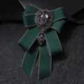 Men's dark green rhinestone ribbon bow tie handmade crystal brooch for party stage show. - Dark Green