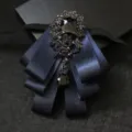 Mens dark blue multi layer ribbon bow tie with black rhinestone crystal suit accessory - Dark Blue