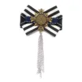 Navy style bow brooch badge with black white stripes, bronze cross and silver chains. - 10
