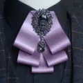 Purple satin bow tie for men, elegant multi-layer rhinestone brooch collar flower accessory. - Light Purple