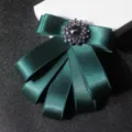 Dark green ribbon bow tie brooch with rhinestone center for men suit accessory variant. - Green