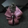 Mens elegant purple layered ribbon bow tie with black rhinestone crystal brooch accessory. - Dark Purple