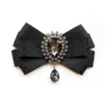Elegant black checkered ribbon bow tie brooch with dark rhinestone crystal pendants. - Black Plaid
