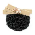 Elegant women hair net bun cover with beige bow ribbon and pearl rhinestone decor chic - 01-Khaki Coarse Mesh