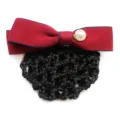 Professional hair net with red bow and pearl ornament, elegant hotel staff bun cover accessory. - Red Coarse Mesh