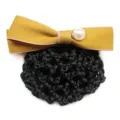 Mustard bow hair net with pearl accent, elegant hotel work hair accessory for women. - Yellow Coarse Net