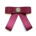 Burgundy satin ribbon bow tie, JK uniform collar accessory with central crystal rhinestone decor. - Deep purple