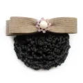 Khaki hair net bun cover with bow pearl rhinestone for professional women work daily wear - Khaki Coarse Mesh