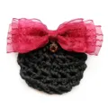 Red organza bow hair net with crystal pendant, professional black hair bun cover accessory. - Red Coarse Mesh