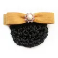 Professional women hair net with yellow corduroy bow, pearl crystal accent, black mesh bun cover. - Yellow Coarse Net