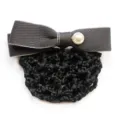 Black fabric bow hair net bun cover featuring an elegant faux pearl accent for women. - Dark Gray Coarse Mesh