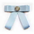 Light blue ribbon bow tie with rhinestone center for women JK uniform shirt collar accessory - Sky Blue