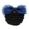 Blue organza bow hair net with crystal pendant, elegant bun cover for professional wear variant. - Dark Blue Coarse Mesh