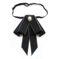Elegant black fabric bow tie with gold trim and vintage pearl brooch for women shirt collar. - Black Collar Bowtie