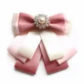 Multi-layer satin ribbon bow tie with rhinestone pearl brooch for uniform shirt women - Style A / Pink